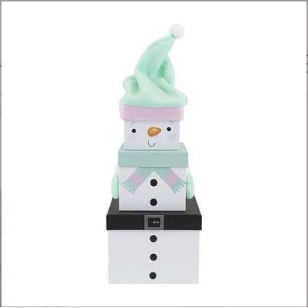small-snowman-with-green-hat-stackable-christmas-boxes-3-pack|X-29559-BXC|Luck and Luck| 3