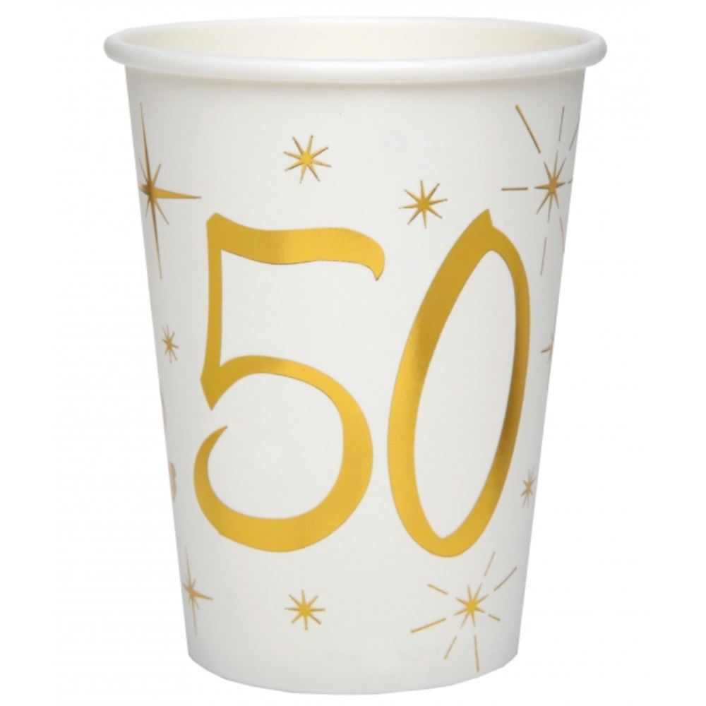 age-50-white-and-gold-paper-cups-x-10|615700000050|Luck and Luck| 1
