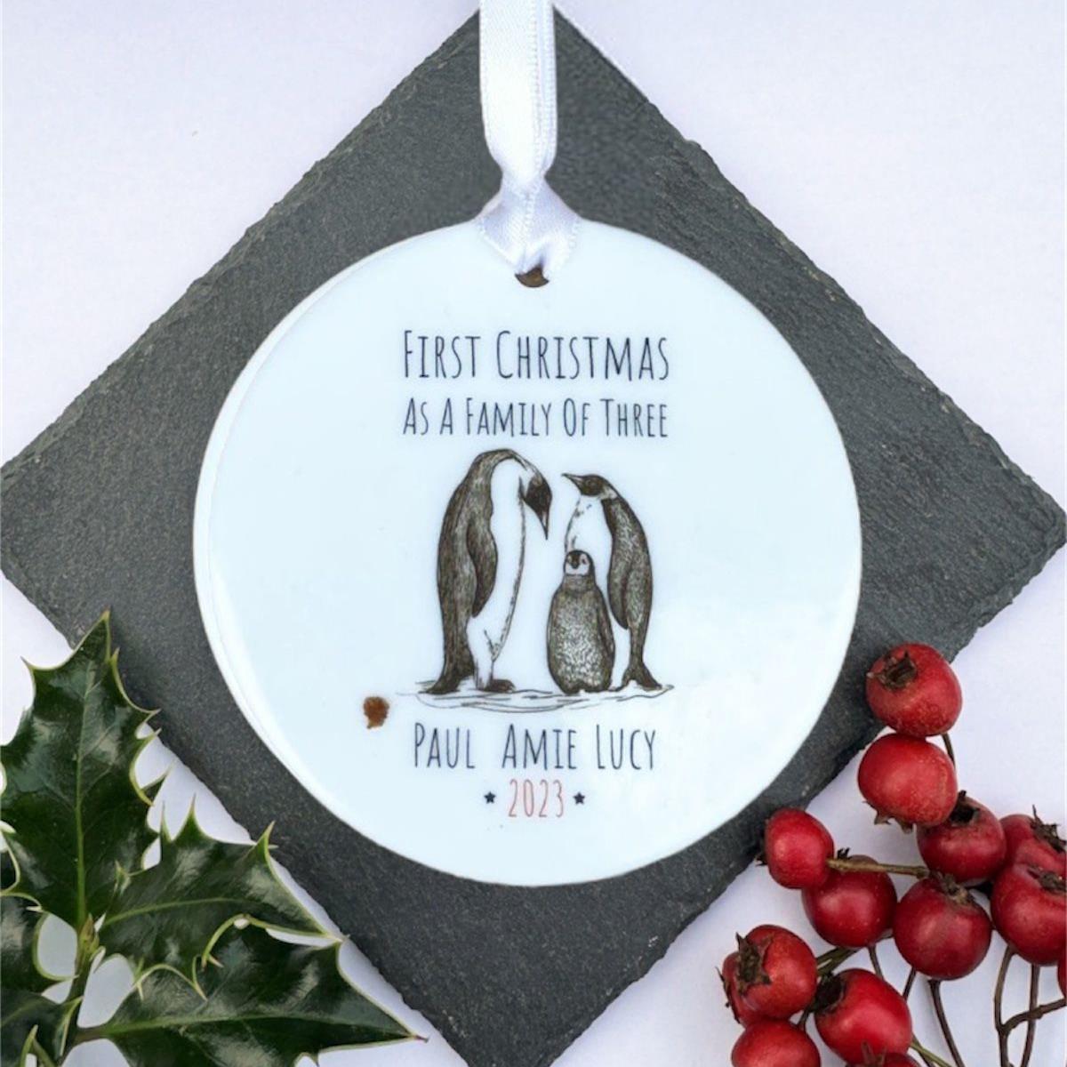 personalised-1st-christmas-family-of-3-porcelain-bauble-penguin-gift|LLUVPORC2|Luck and Luck|2