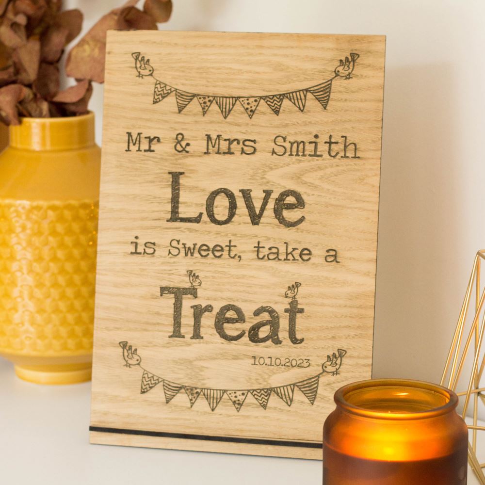 personalised-oak-veneer-wooden-sign-love-is-sweet-wedding|LLWWSTMMAMLISNAMEO|Luck and Luck|2