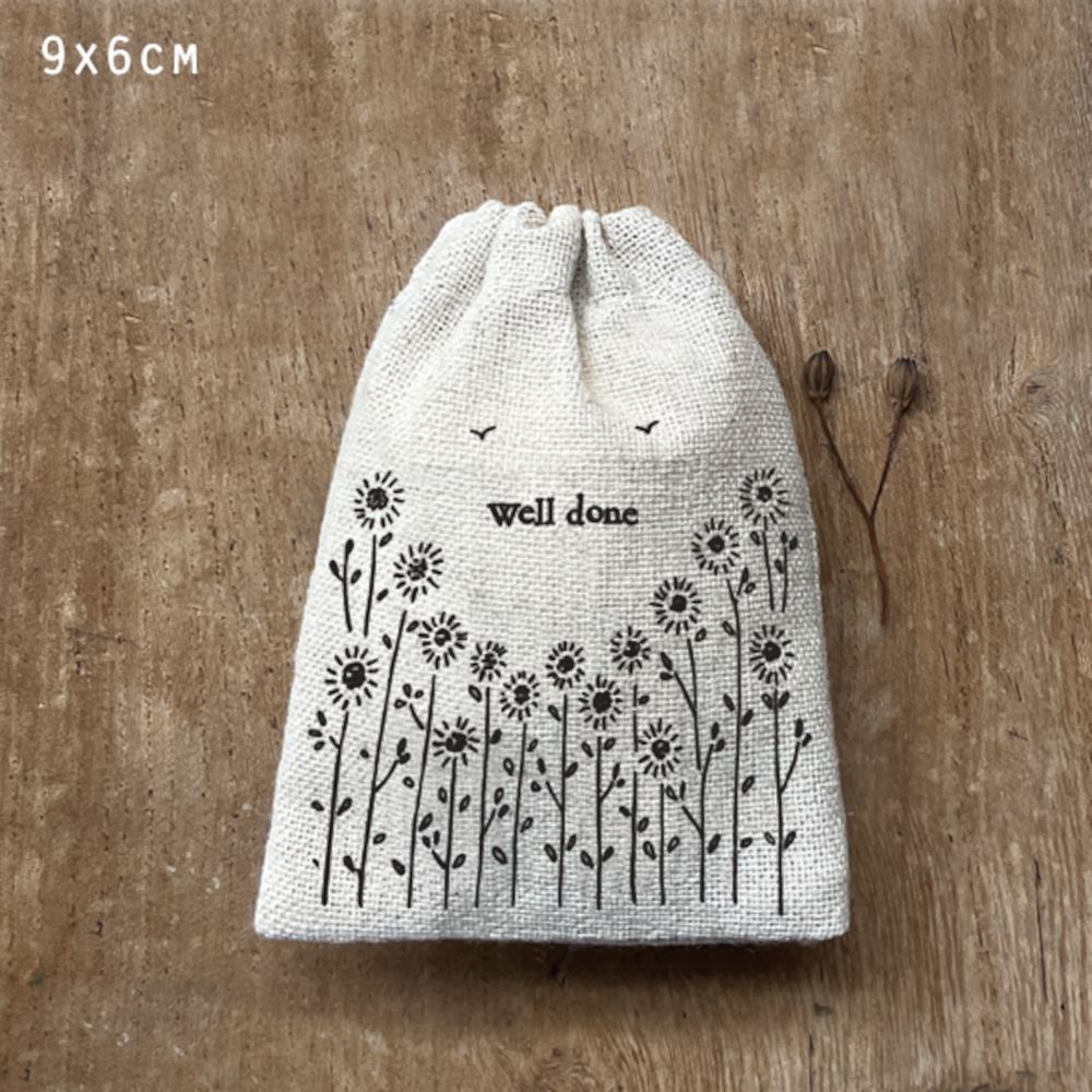 east-of-india-small-rustic-drawstring-cotton-gift-bag-well-done|1684|Luck and Luck| 1