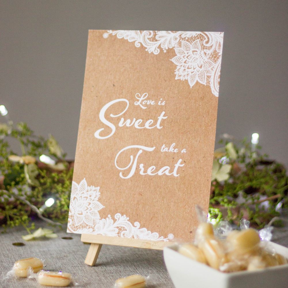 rustic-wedding-love-is-sweet-take-a-treat-brown-card-with-white-lace-design|LLSTWLACELIS|Luck and Luck| 1