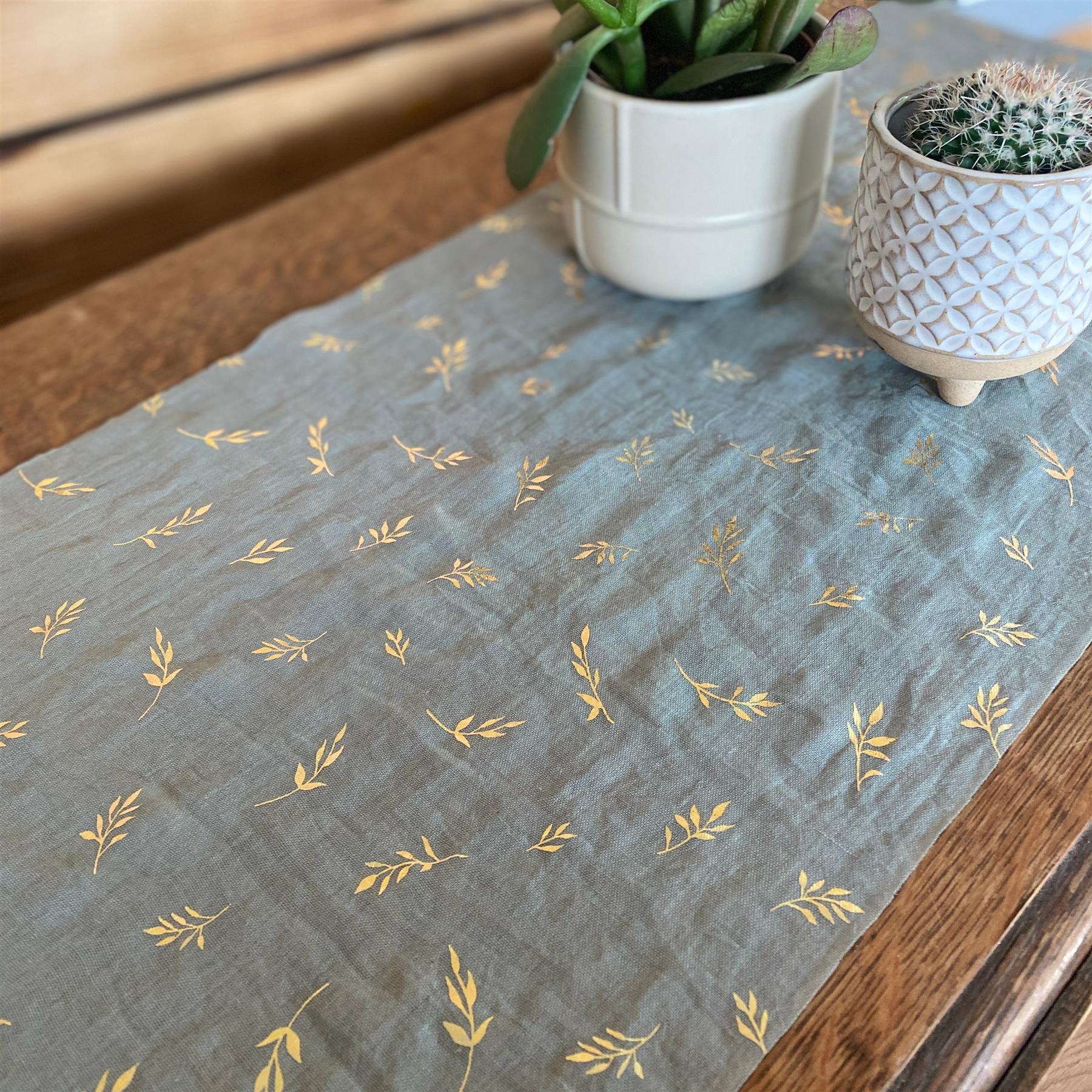 sage-green-and-gold-sprigs-table-runner-5m|93733|Luck and Luck| 5