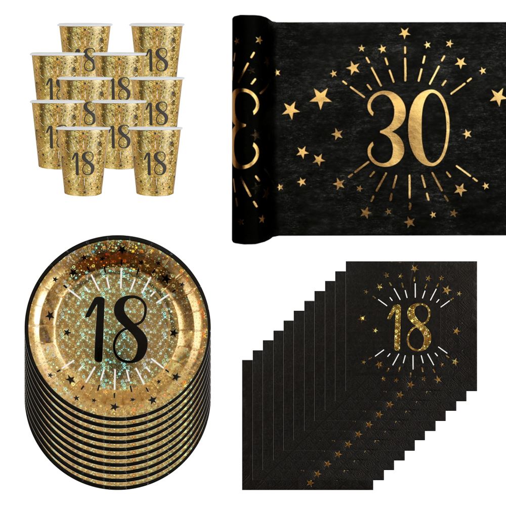 black-and-gold-age-18-party-pack-cups-plates-napkins-table-runner|LLBLCKGOLD18PP2|Luck and Luck| 1