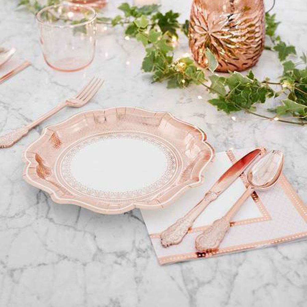 vintage-style-rose-gold-paper-party-plates-x-12|PPRGPLATEM|Luck and Luck| 1