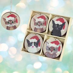 wooden-christmas-cats-in-hats-christmas-tree-baubles-decoration-x-8|TLA442|Luck and Luck| 1