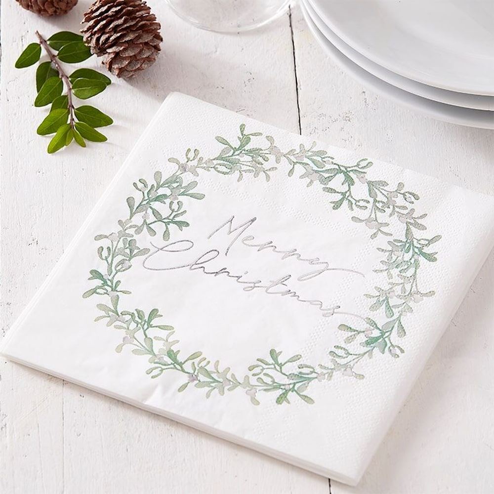 silver-merry-christmas-mistletoe-wreath-napkins-x-16|SNOW221|Luck and Luck| 1
