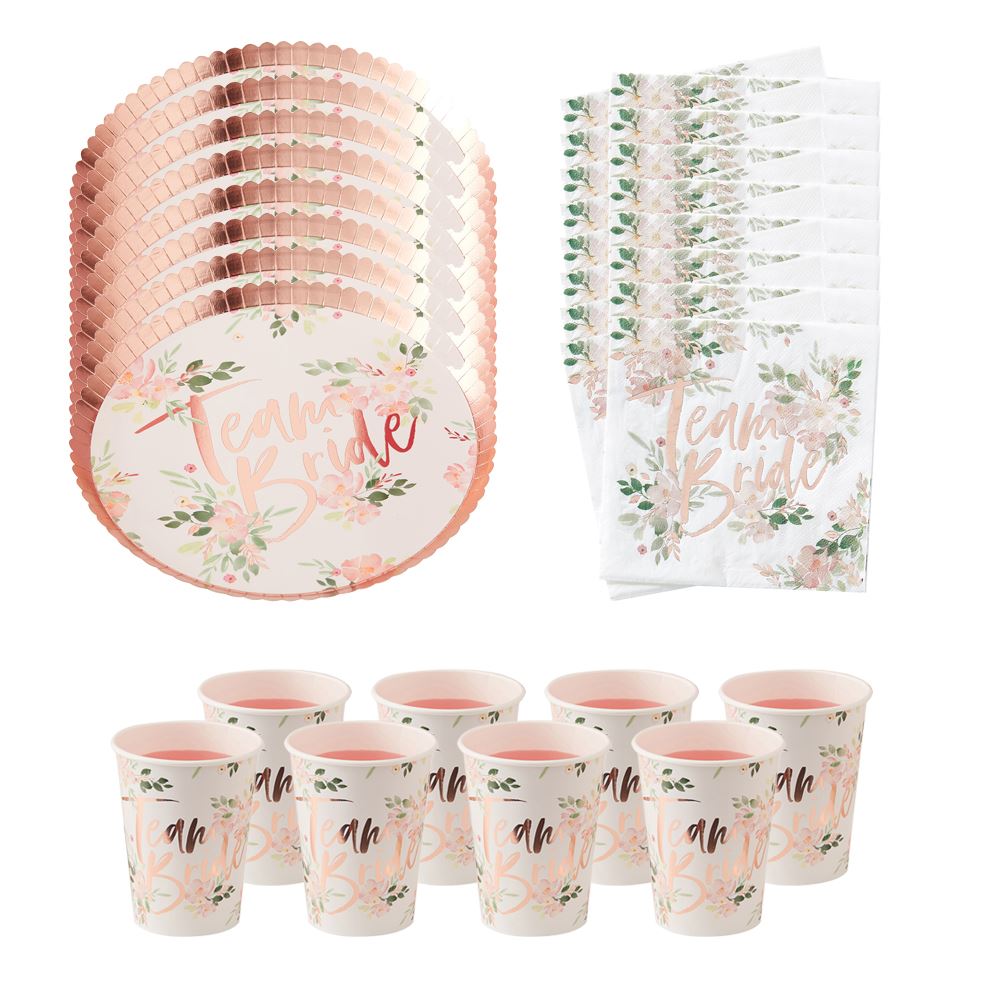 floral-team-bride-party-pack-cups-plates-and-napkins-for-8|FLORALTBPP1|Luck and Luck| 1