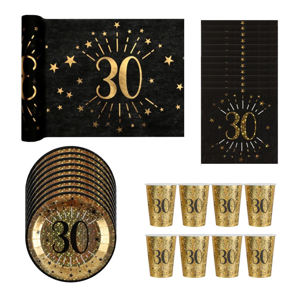 luxury-black-gold-age-30-party-pack-cups-plates-napkins-table-runner|LLBLCKGOLD30PP2|Luck and Luck| 1