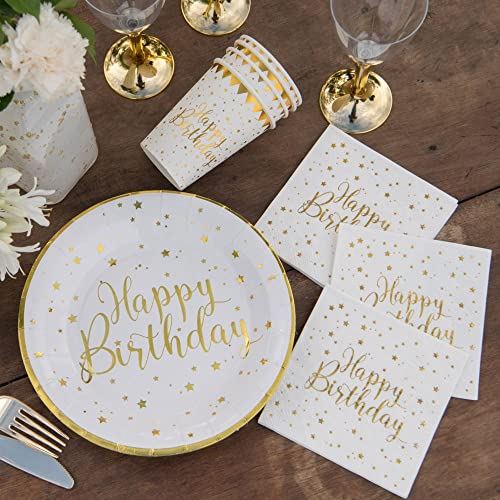 gold-happy-birthday-party-pack-plates-cups-and-napkins|LLGOLDHBPP1|Luck and Luck| 1