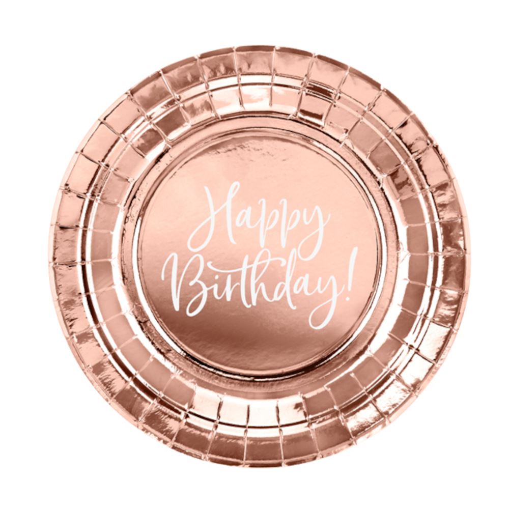 happy-birthday-rose-gold-small-paper-plates-x-6|TPP75-019R|Luck and Luck|2