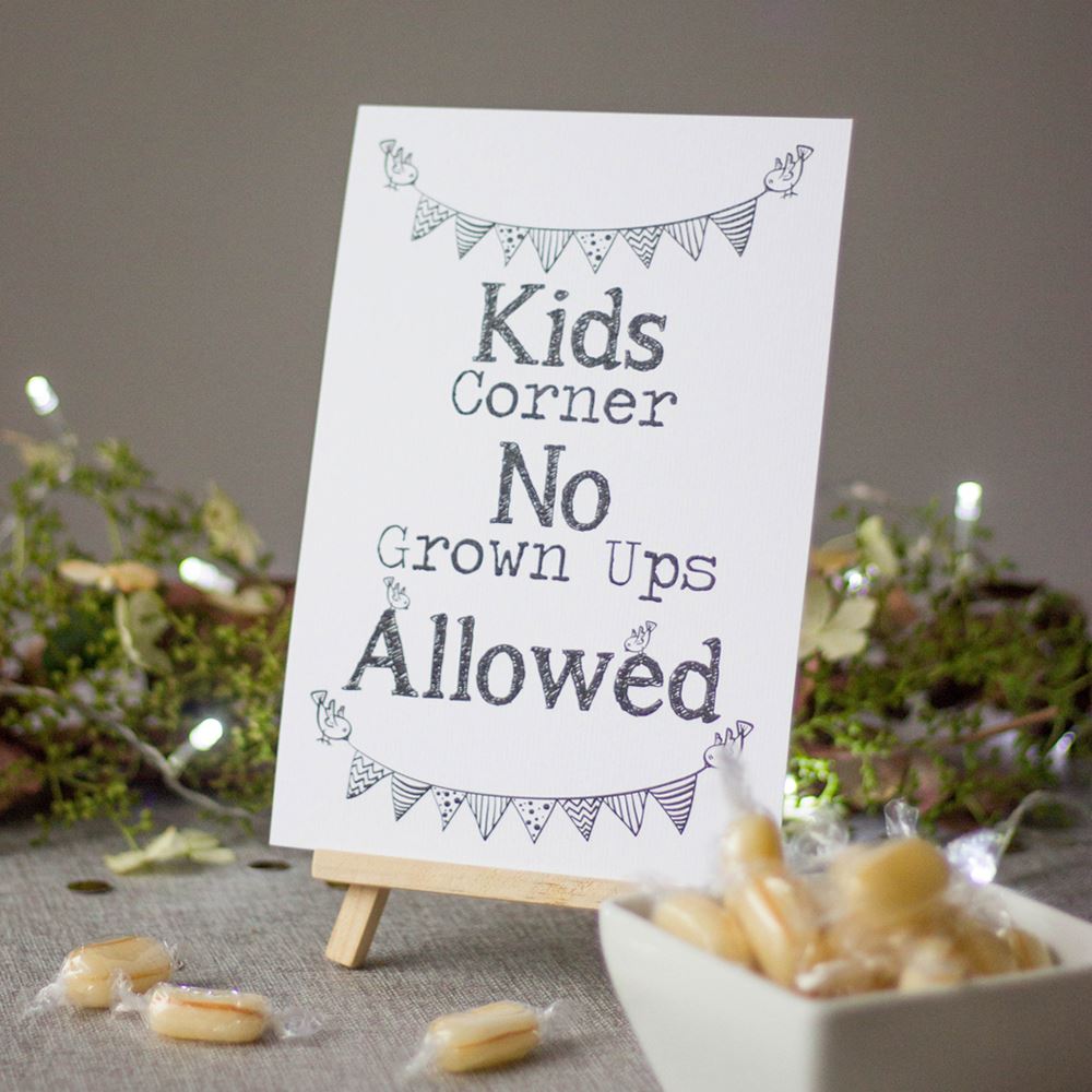 wedding-sign-white-kids-corner-no-grown-ups-allowed-sign-and-easel|LLSTWMAMKC|Luck and Luck| 1