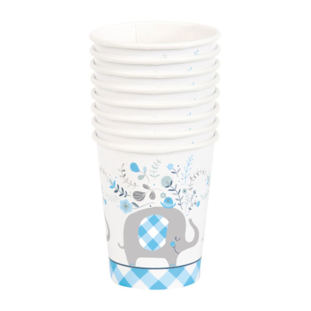 blue-floral-elephant-9oz-baby-shower-paper-cups-x8|78396|Luck and Luck|2