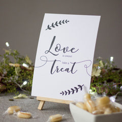 leaf-wreath-design-love-is-sweet-take-a-treat-white-card-and-easel-wedding|LLSTWLEAFLIS|Luck and Luck| 1