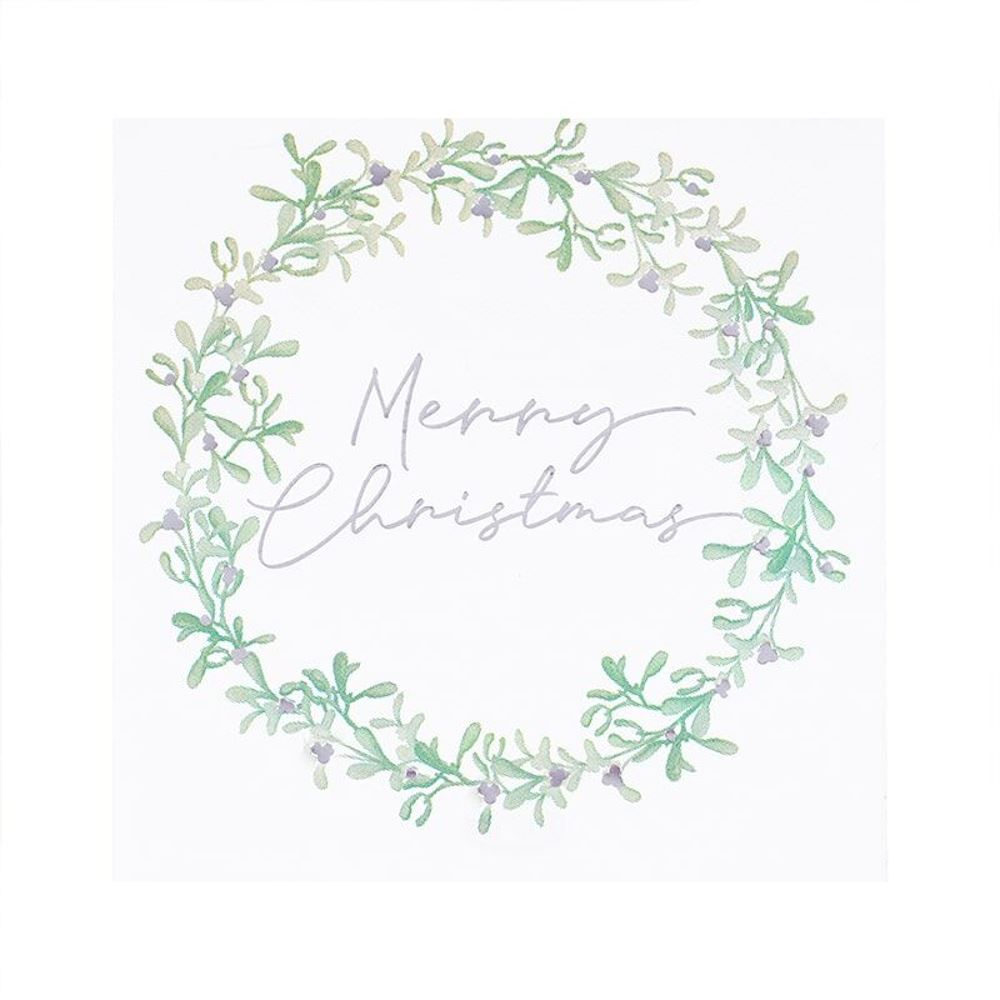 silver-merry-christmas-mistletoe-wreath-napkins-x-16|SNOW221|Luck and Luck|2