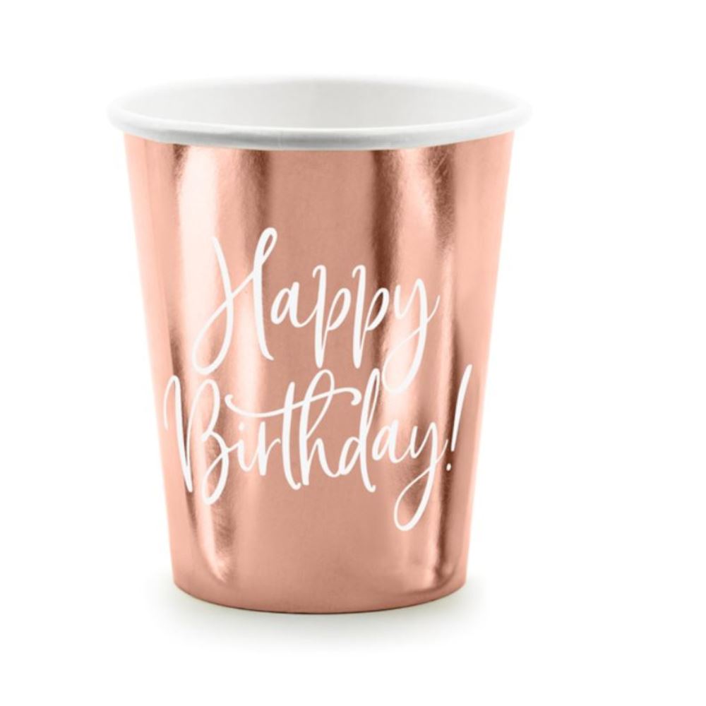 happy-birthday-pink-gold-rose-gold-metallic-party-cups-x-6|KPP75-019R-EU2|Luck and Luck|2