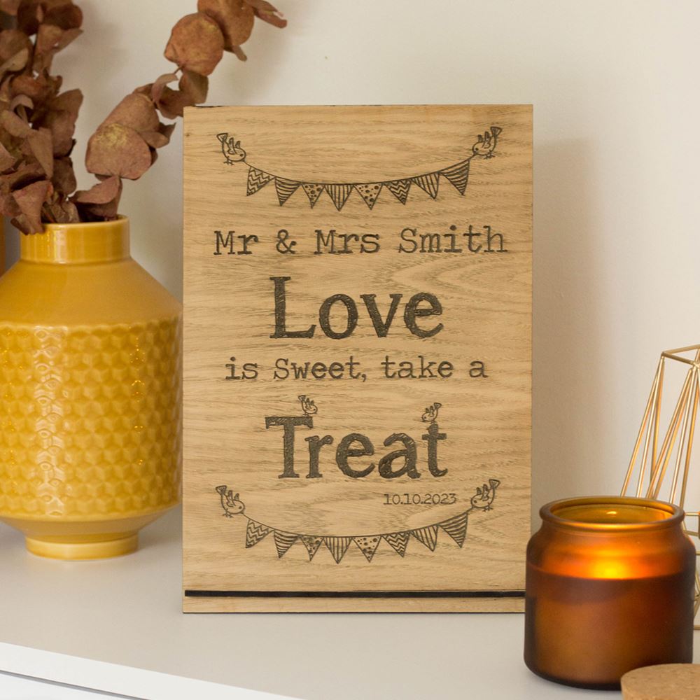 personalised-oak-veneer-wooden-sign-love-is-sweet-wedding|LLWWSTMMAMLISNAMEO|Luck and Luck| 1