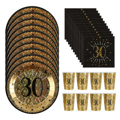 black-and-gold-age-30-party-pack-cups-plates-and-napkins|LLBLCKGOLD30PP|Luck and Luck|2