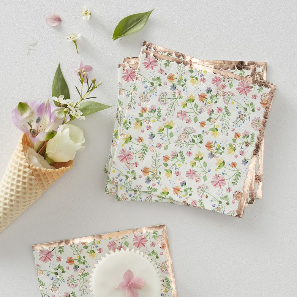 rose-gold-floral-paper-party-napkins-x-16-ditsy-floral-birthday-tea-party|DF-811|Luck and Luck| 1