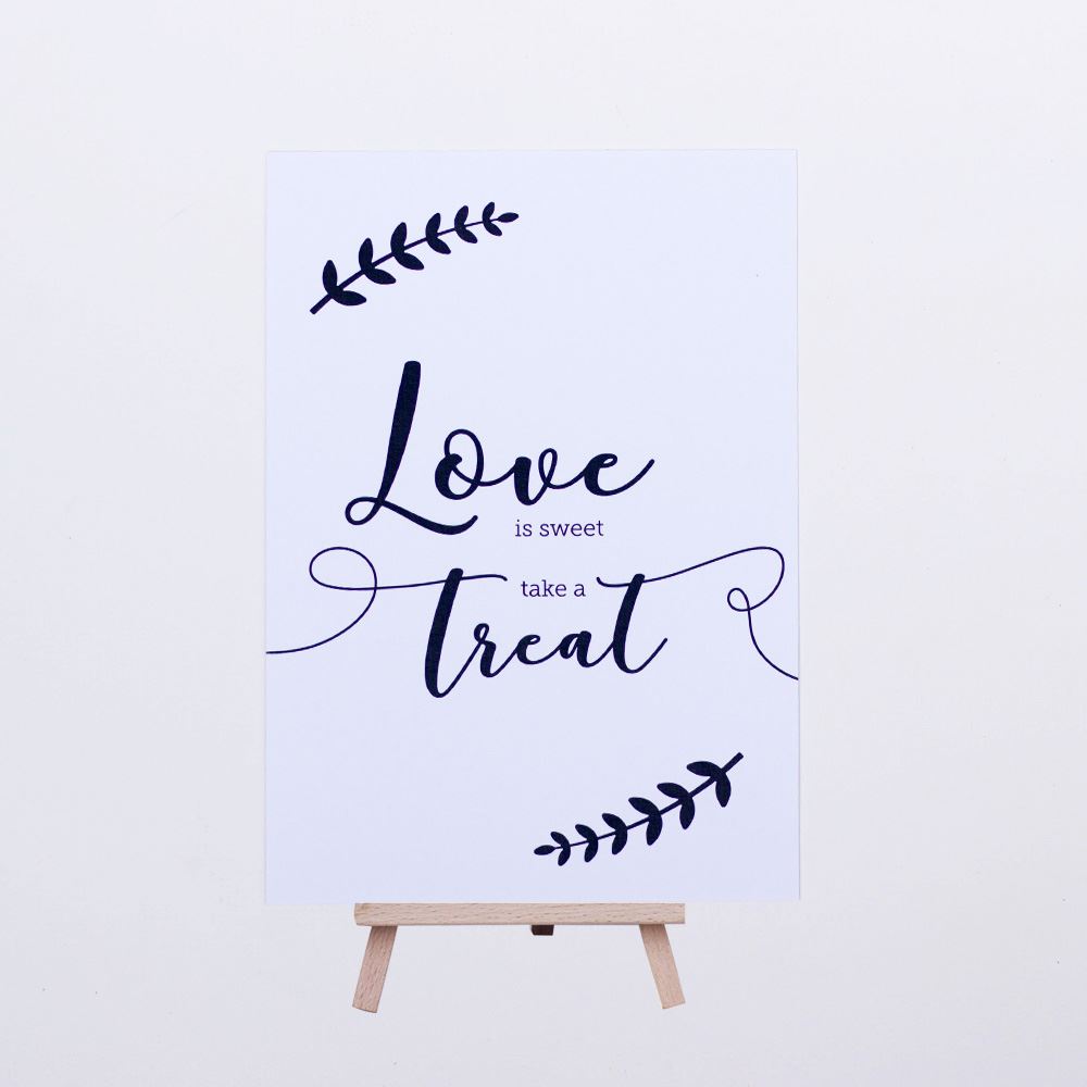 leaf-wreath-design-love-is-sweet-take-a-treat-white-card-and-easel-wedding|LLSTWLEAFLIS|Luck and Luck| 4