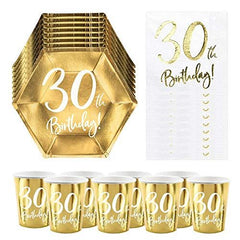 30th-birthday-party-pack-6-gold-plates-6-gold-paper-cups-20-paper-napkins|PP30THDECO|Luck and Luck| 1