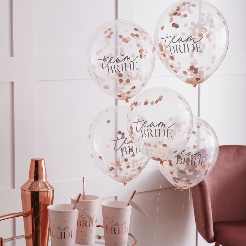 rose-gold-confetti-team-bride-hen-party-balloons-x-5|HN810|Luck and Luck| 1