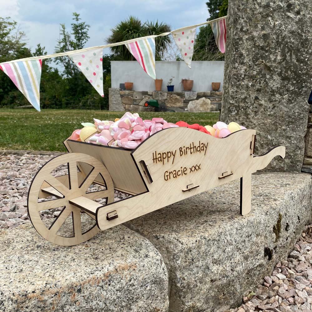 wooden-personalised-wheelbarrow-sweet-stand-large-party-event|LLWWWBSSP|Luck and Luck| 1