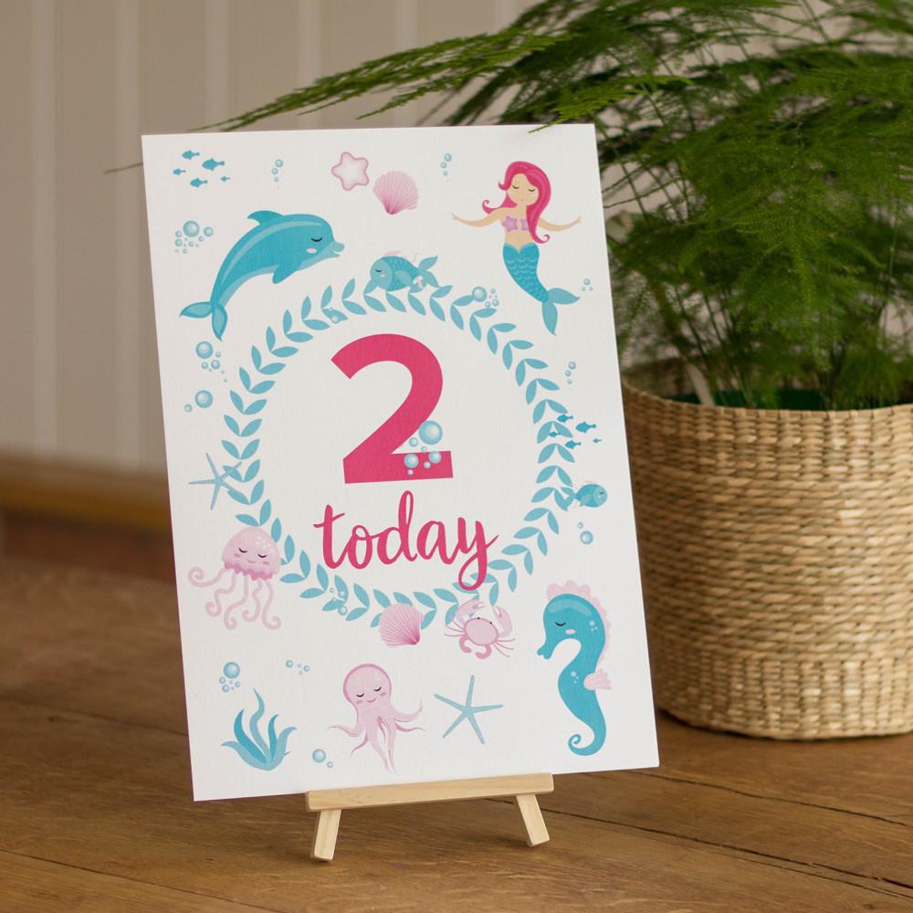 mermaid-age-2-birthday-sign-and-easel|LLSTWMERMAID2A4|Luck and Luck| 1