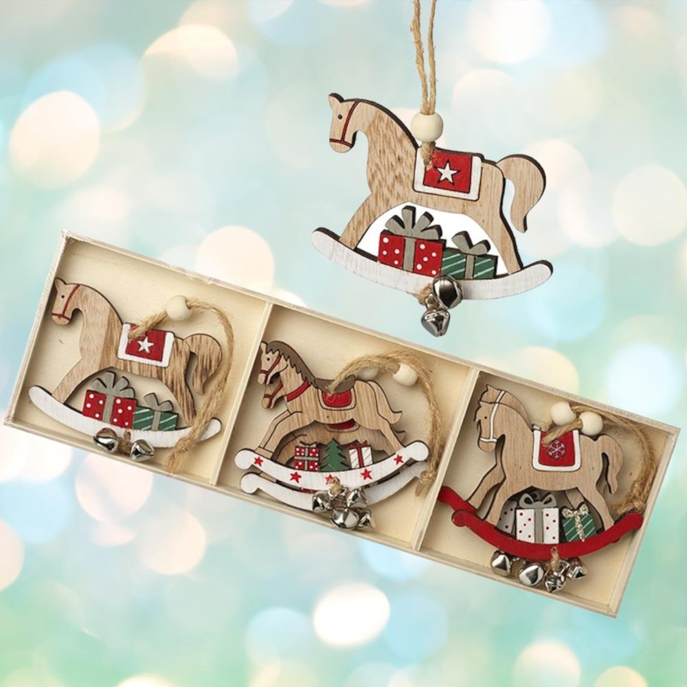 christmas-wooden-rocking-horse-bauble-set-with-bells-x-6|HHH100|Luck and Luck| 1