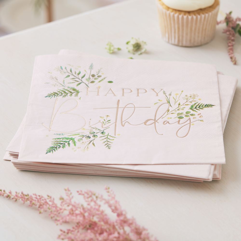 floral-blush-pink-happy-birthday-paper-party-napkins-x-16|TEA619|Luck and Luck| 1