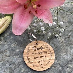 personalised-wood-oak-veneer-keyring-you-are-my-one-and-only-wreath|LLWWCOUPKEYRINGD5|Luck and Luck|2