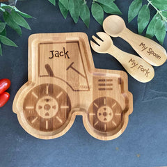 personalised-childrens-tractor-bamboo-plate-spoon-and-fork|LLWWJQY005SF|Luck and Luck| 1