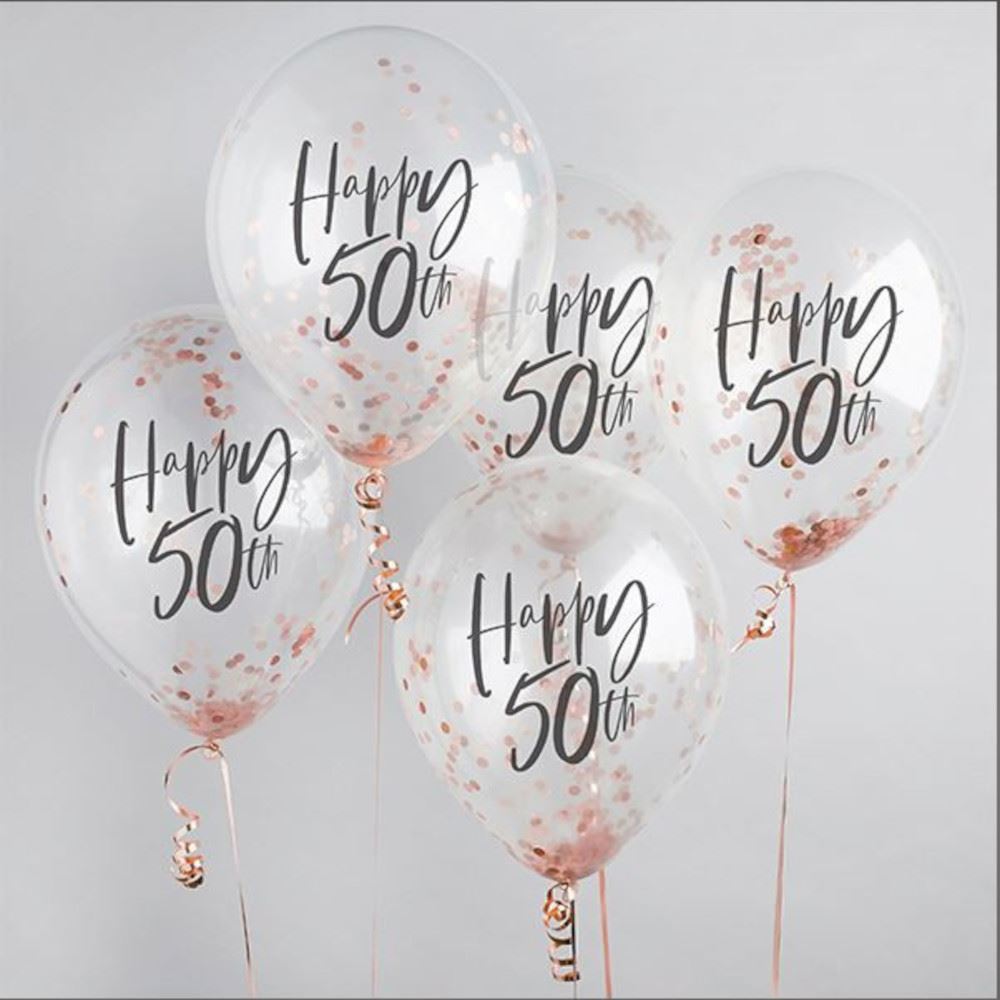 happy-50th-rose-gold-confetti-balloons-5-pack|HBMM215|Luck and Luck| 1