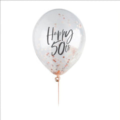 happy-50th-rose-gold-confetti-balloons-5-pack|HBMM215|Luck and Luck|2