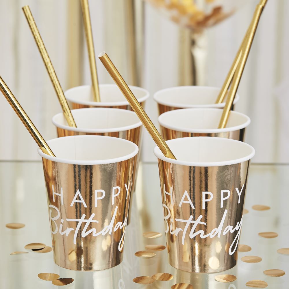 gold-happy-birthday-paper-party-cups-x-8|MIX245|Luck and Luck| 1