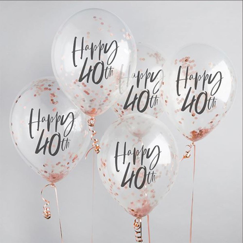 happy-40th-rose-gold-confetti-balloons-5-pack|HBMM214|Luck and Luck| 1