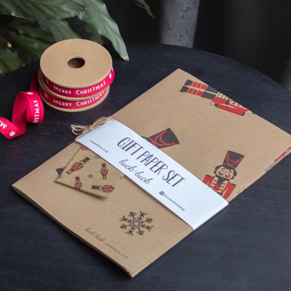 nutcracker-wrapping-paper-set-2-sheets-and-2-tags-and-ribbon|LLWPNUTCRACKERSET3132|Luck and Luck|2