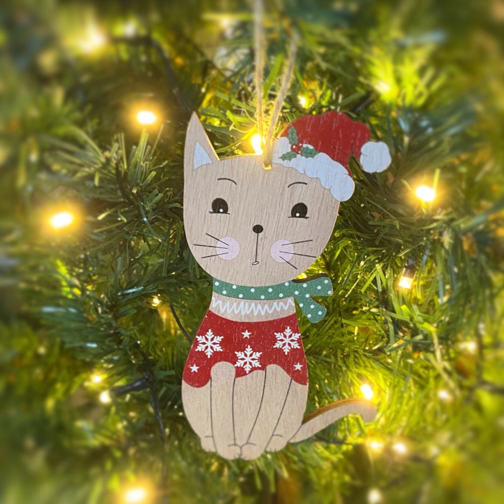 hanging-wooden-christmas-tree-cat-bauble|PEA247|Luck and Luck| 1