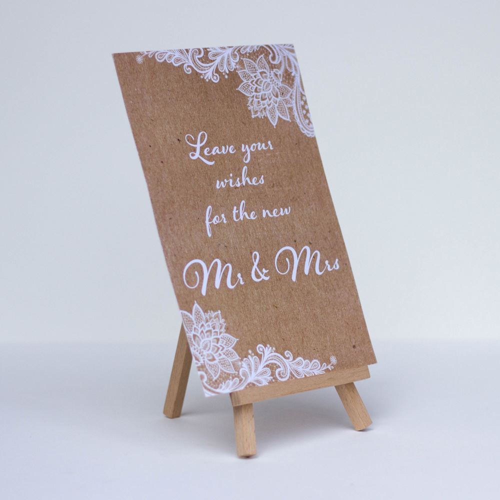 leave-your-wishes-rustic-wedding-sign-brown-with-white-lace-design-and-easel|LLSTWLACELYW|Luck and Luck| 3